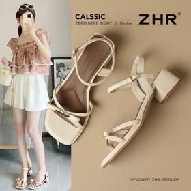 ZHR则则方头金属扣凉鞋2025新款仙女粗跟一字扣凉鞋气质百搭女鞋