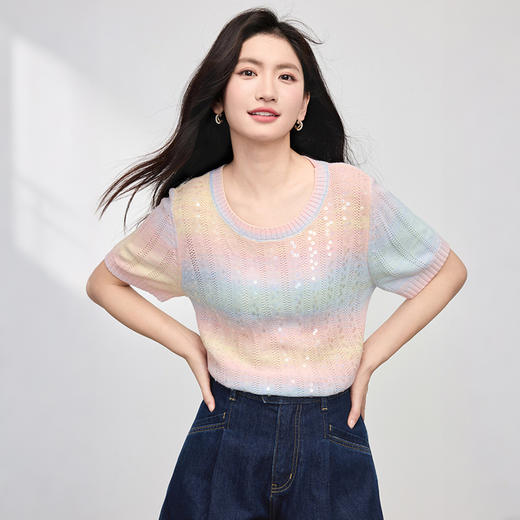 熙世界薄款超好看针织衫女短袖2025夏季新款圆领重工渐变亮片上衣 商品图3