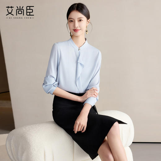 艾尚臣衬衫女春夏蓝色长袖上衣2025新款通勤衬衣女士法式气质小衫 商品图3