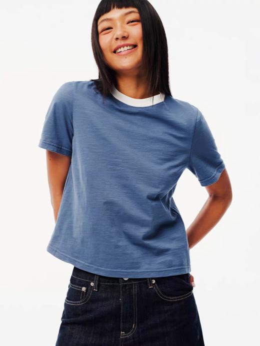 Evistub/E-5CDX053/舒爽竹节棉复古撞色T恤女 商品图0