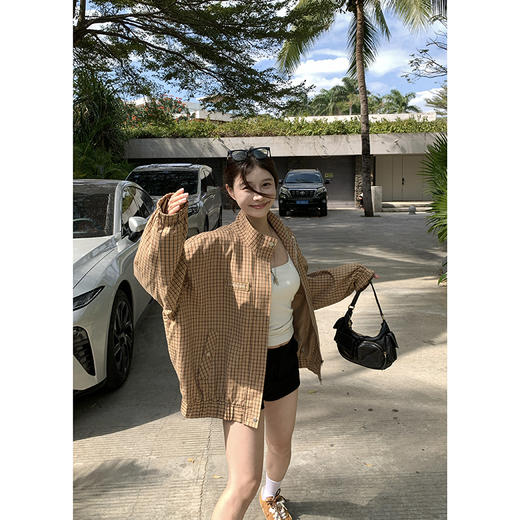 EKOOL衣库 美拉德系复古格子外套女春秋宽松显瘦拉链开衫立领上衣 商品图2