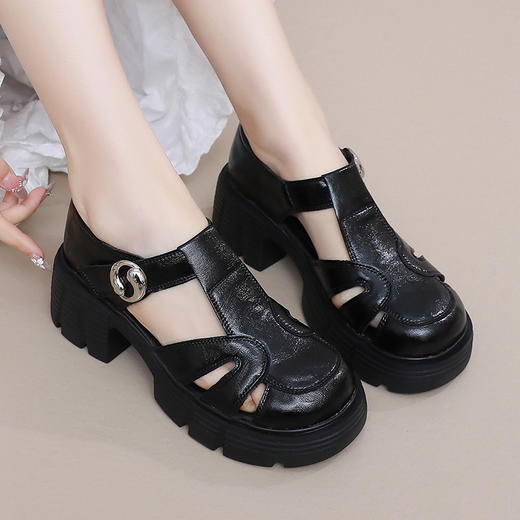 丁摩 包头罗马凉鞋女夏季新款复古松糕厚底防滑百搭镂空真皮软底鞋5ZF-3376 商品图3