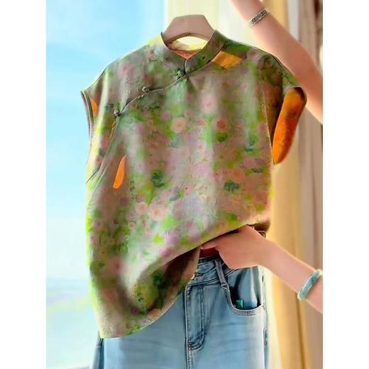 丁摩 新款新中式国风绿色提花旗袍小衫复古轻奢红罗上衣5ZF-066 商品图1