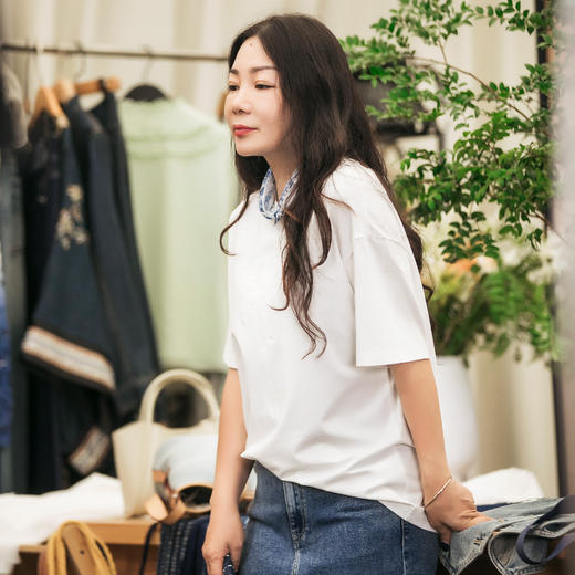 【林栖设计小店】棉混纺T恤提花手工串珠简约百搭2025早秋新款短袖上衣女G1653011 商品图5