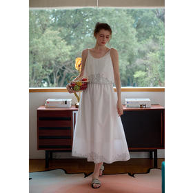 SimpleRetro印花可调节U领吊带裙白色连衣裙