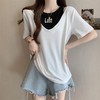 丁摩 夏季新款洋气短袖t恤女宽松遮肉显瘦假两件上衣女5ZF-D31 商品缩略图1