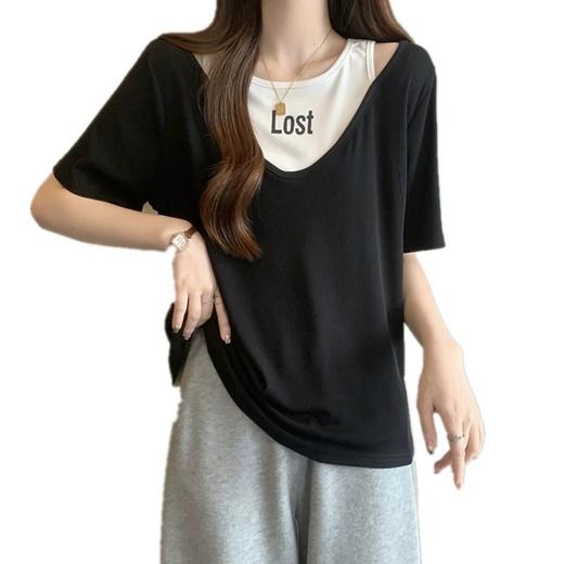 丁摩 夏季新款洋气短袖t恤女宽松遮肉显瘦假两件上衣女5ZF-D31 商品图4