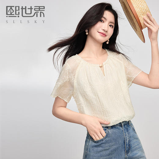 熙世界飞飞袖天丝雪纺衬衫女2025夏日新款轻中式蝴蝶纱盘刺绣上衣 商品图0