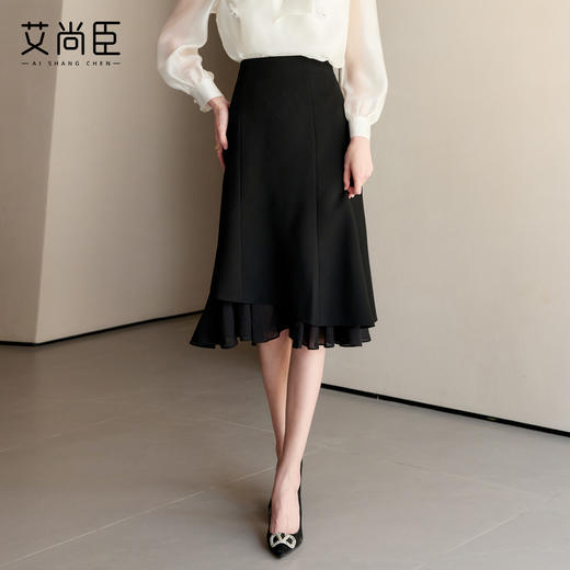 艾尚臣黑色半身裙女2025新款高腰显瘦中长款鱼尾裙一步裙包臀裙子 商品图4