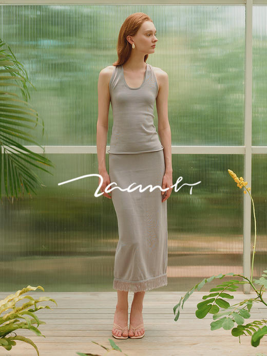 ZAANLI｜ZNSS25014 三醋酸露背纽结针织背心 [ 豆绿 / 米灰 ] 商品图5