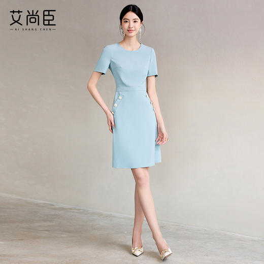 艾尚臣蓝色连衣裙2025新款小香风时尚气质收腰显瘦女中长款裙子 商品图2