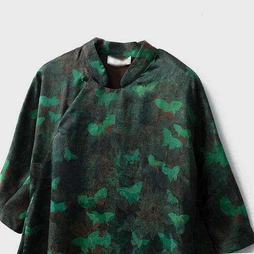 丁摩 真丝香云纱提花花萝国风连衣裙100桑蚕丝新中式短袖宽松A字裙5ZF-021 商品图1