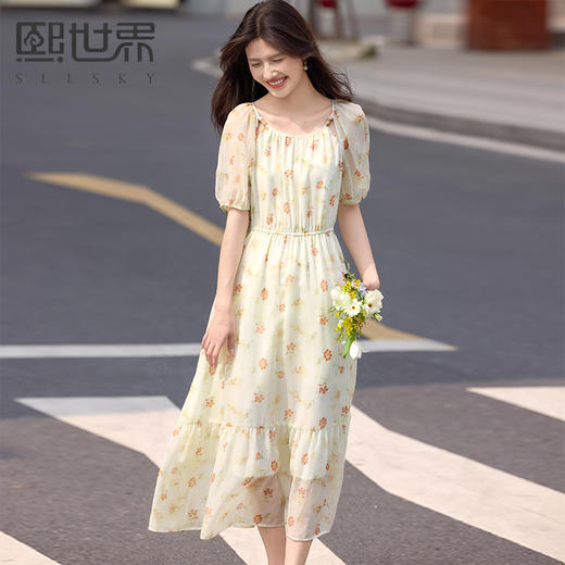 熙世界法式黄色碎花连衣裙女夏季新款温柔气质灯笼袖收腰雪纺裙子 商品图0