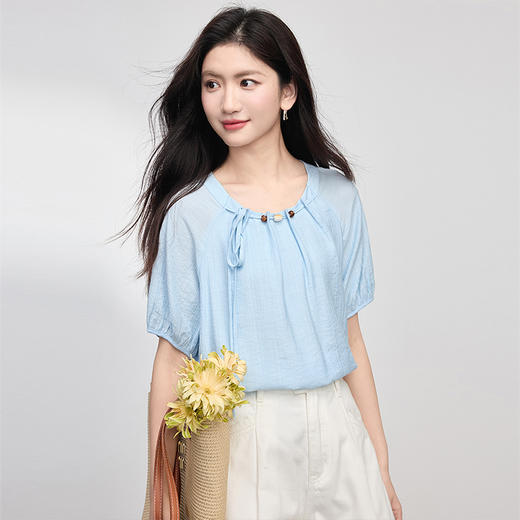 【专属特价】熙世界设计感串珠圆领衬衫女夏季度假风蓝色小衫短袖上衣2025新款 商品图3