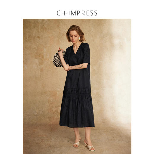 C+IMPRESS/西嘉亚麻精梳棉 法式度假松弛感v领短袖连衣裙女夏白色 商品图3