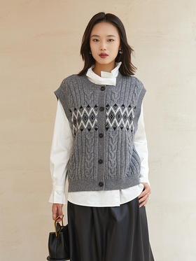 灰色复古菱格纹针织马甲 单排扣无袖开衫 秋冬学院风百搭显瘦毛衣背心女