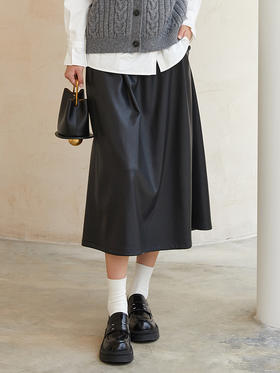 黑色复古风 PU 皮半身裙 高腰松紧腰大摆裙 秋冬显瘦百搭中长款 A 字裙女