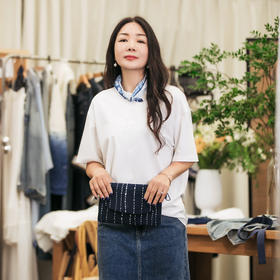 【林栖设计小店】棉混纺T恤提花手工串珠简约百搭2025早秋新款短袖上衣女G1653011