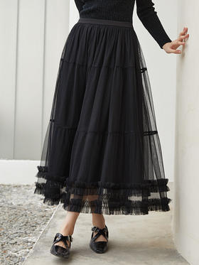黑色亮片网纱蛋糕裙 高腰多层荷叶边中长裙 秋冬仙气显瘦百搭 a 字半身裙