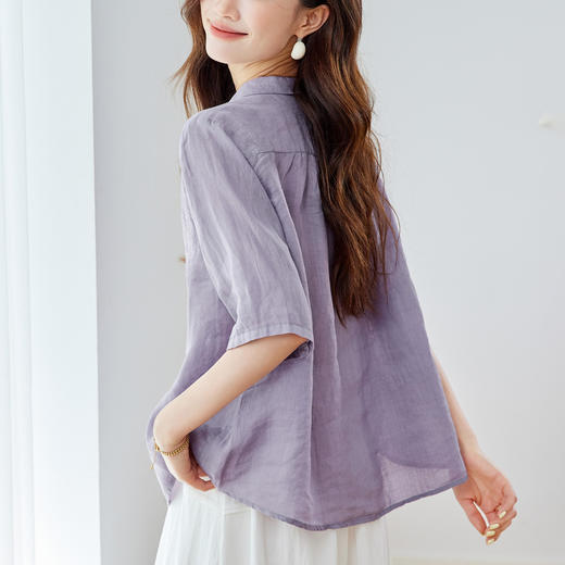 百媚生 紫色绣花衬衫女短袖55054 商品图3