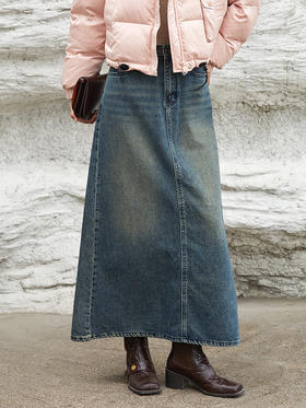 复古做旧深灰牛仔长裙 高腰开叉过膝半身裙 休闲通勤风显瘦垂感牛仔中长裙