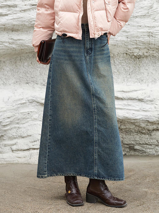 复古做旧深灰牛仔长裙 高腰开叉过膝半身裙 休闲通勤风显瘦垂感牛仔中长裙 商品图0