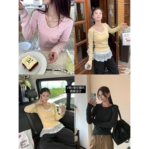 EKOOLv领镂空猫爪图案设计圆领羊毛针织衫女秋季 商品图0