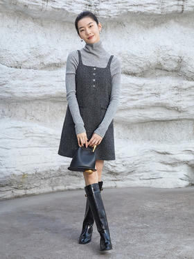 深灰色粗花呢背带裙 复古风单排扣双口袋连衣裙 秋冬显瘦百搭学院风女裙