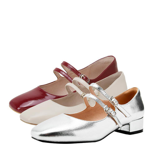 西遇粗跟玛丽珍鞋女新款夏季爆款法式绝美不累脚中跟银色单鞋D0056711 商品图4