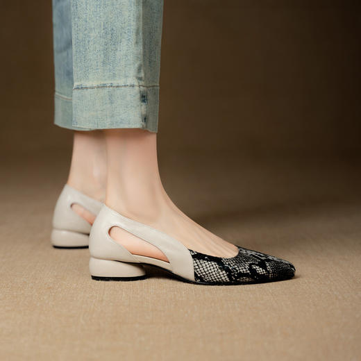 【预售5天】真皮休闲复古尖头侧空牛皮时尚凉鞋女夏季浅口单鞋QCNX&636-4 商品图3