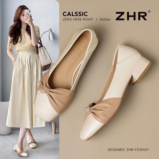 ZHR粗跟浅口玛丽珍鞋女蝴蝶结珍珠奶奶鞋轻便两穿女鞋法式小皮鞋 商品图1