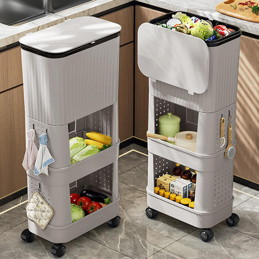 【赠送垃圾袋！多功能·果蔬置物架】厨房垃圾桶高款可移动家用大容量带盖免弯腰卫生桶滑盖日式置物架。ry 商品图1