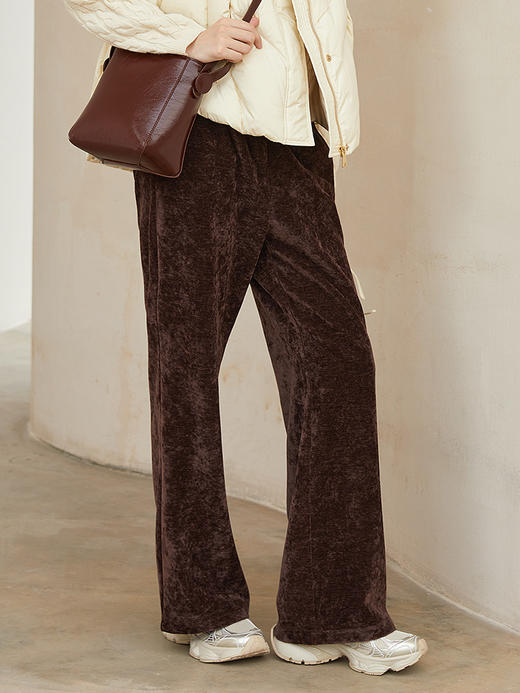 深棕丝绒高腰阔腿裤 松紧腰垂感直筒裤 秋冬复古丝绒休闲长裤 商品图1