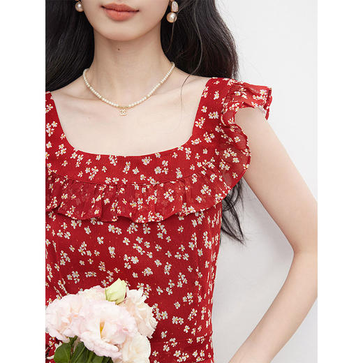 【专属特价】熙世界红色碎花连衣裙女夏日新款法式茶歇花边U领收腰雪纺长裙子 商品图4
