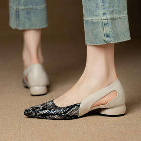 【预售5天】真皮休闲复古尖头侧空牛皮时尚凉鞋女夏季浅口单鞋QCNX&636-4