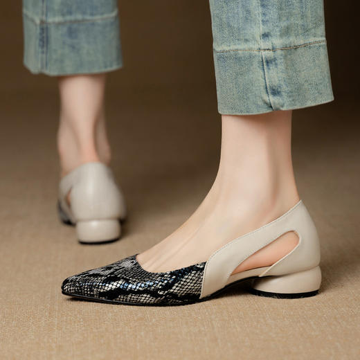 【预售5天】真皮休闲复古尖头侧空牛皮时尚凉鞋女夏季浅口单鞋QCNX&636-4 商品图0