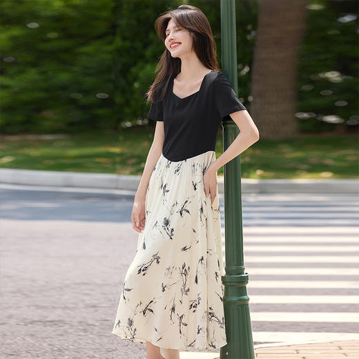 【周末秒杀】熙世界轻国风水墨印花假两件连衣裙女夏新款短袖拼接收腰a字裙子 商品图3