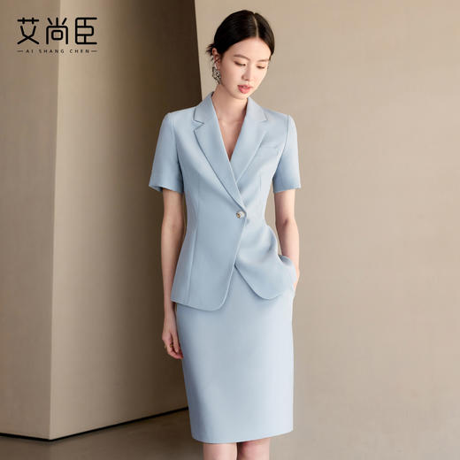 艾尚臣蓝色短袖西装套裙女新款气质时尚商务正装修身显瘦职业装夏 商品图1