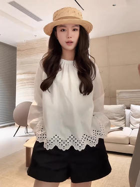 COCO ZONE 刘一一【100棉】法式气质镂空花边下摆衬衫CD2A0435