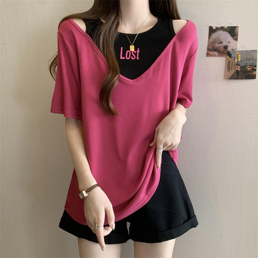 丁摩 夏季新款洋气短袖t恤女宽松遮肉显瘦假两件上衣女5ZF-D31 商品图5