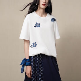 【林栖设计小店】棉混纺T恤牛仔布绣花手工串珠百搭气质2025早秋新款短袖G1653009