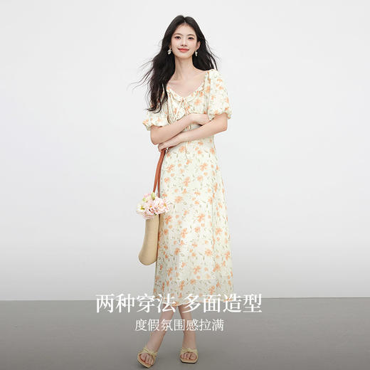【专属特价】熙世界法式灯笼袖碎花连衣裙女夏日新款浪漫气质收腰显瘦雪纺长裙 商品图2