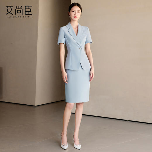 艾尚臣蓝色短袖西装套裙女新款气质时尚商务正装修身显瘦职业装夏 商品图3