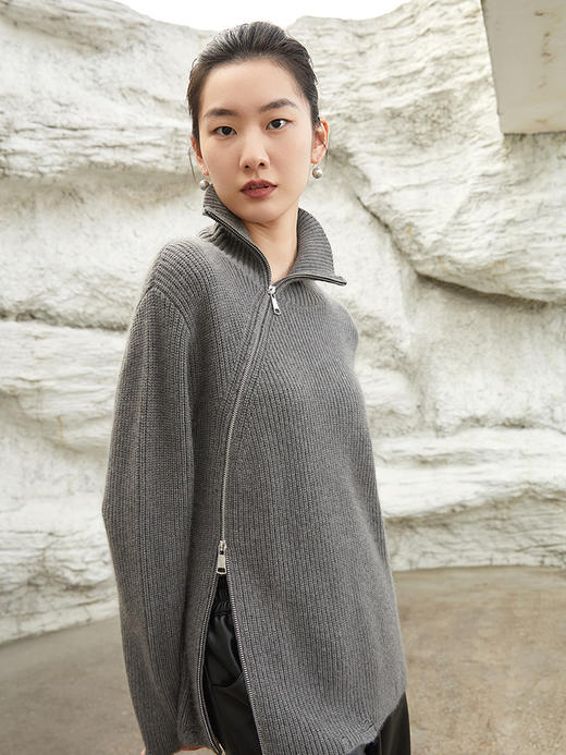 秋冬新款黑色高领毛衣女设计感斜拉链破洞宽松外穿针织衫上衣 商品图0