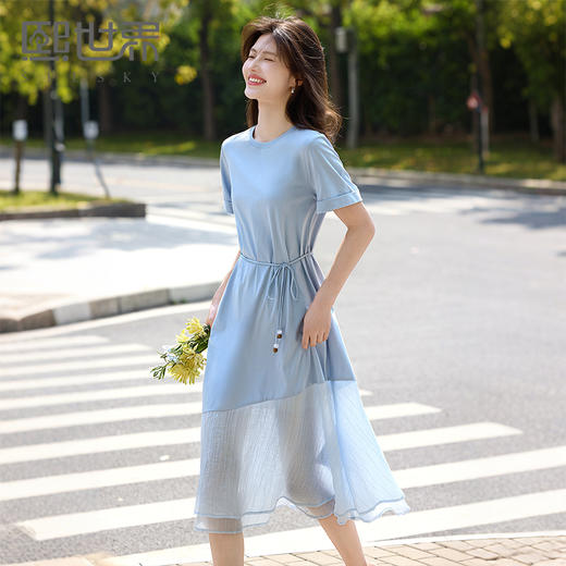 【周末秒杀】熙世界高级感蓝色连衣裙女2025新款夏季短袖棉质拼接天丝鱼尾裙子 商品图0