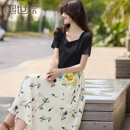 【周末秒杀】熙世界轻国风水墨印花假两件连衣裙女夏新款短袖拼接收腰a字裙子 商品图0