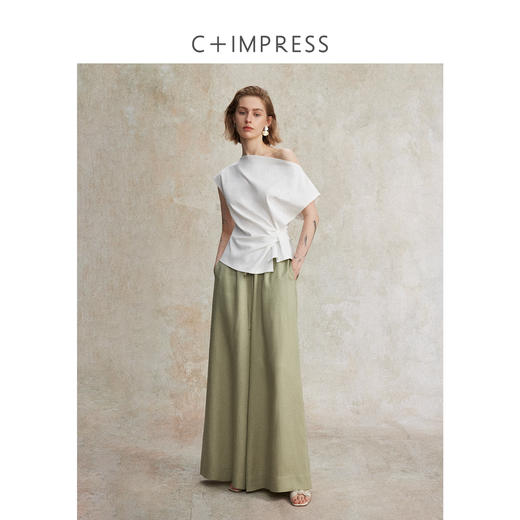 C+IMPRESS/西嘉精梳棉高智淡人风不对称斜肩扭结设计感T恤女上衣CS2502116 商品图3