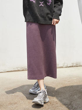 复古风烟紫色粗花呢中长款半身裙 高腰显瘦简约纽扣装饰通勤 A 字裙