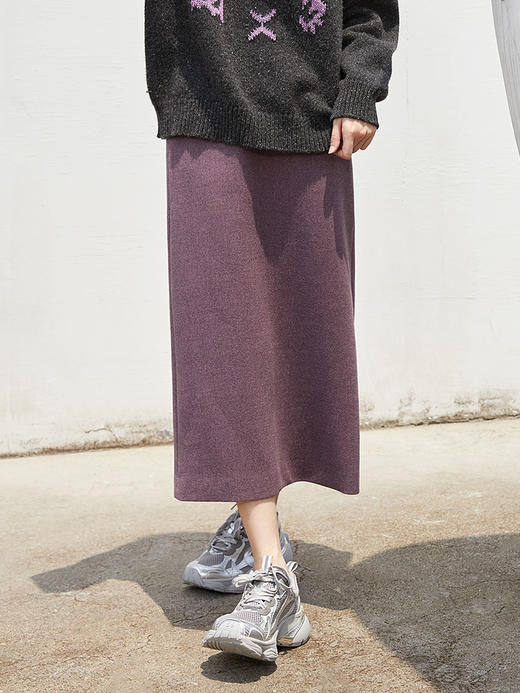 复古风烟紫色粗花呢中长款半身裙 高腰显瘦简约纽扣装饰通勤 A 字裙 商品图0