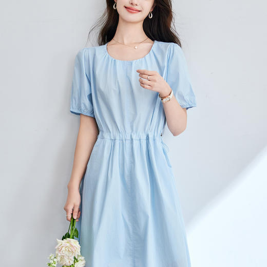 百媚生 纯棉短袖连衣裙女夏季抽褶系带收腰裙子55024 商品图1